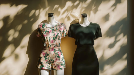 Stylish mannequins showcase floral print shorts and black pencil skirt in bright fashion storeの写真素材