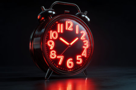 Hyper realistic 3d render of a retro alarm clock icon with red neon numbers on black background