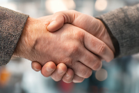 Close up of a business handshake in office setting with blurred background and ample copy spaceの写真素材