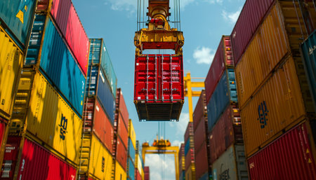 Aerial view of a cargo crane lifting a red container at a ship port against a blue skyの写真素材