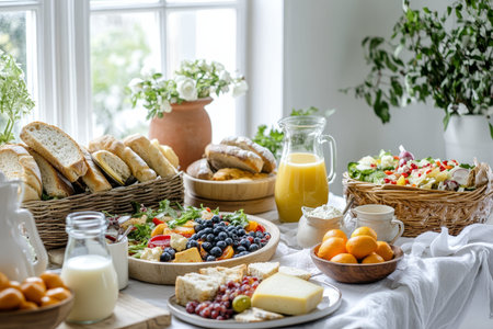 A vibrant breakfast table with fresh fruits, sandwiches, and juices in a bright, airy setting.