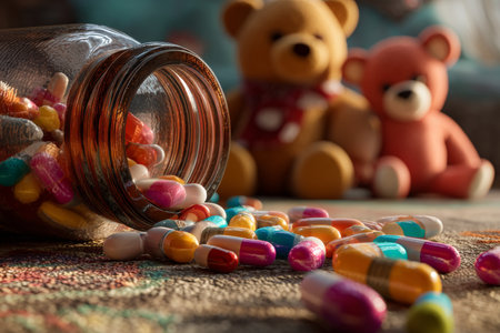 Vibrant pills pouring from a bottle on the floor surrounded by teddy bears in natural lightの写真素材