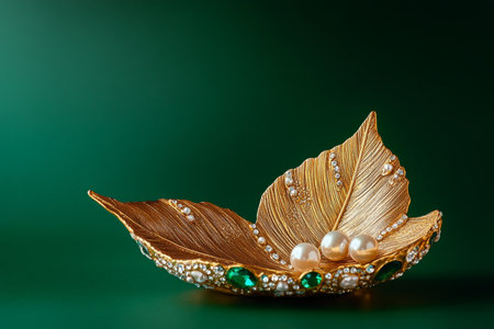 Luxurious leaf shaped item with gemstones and pearls on an emerald green backgroundの写真素材