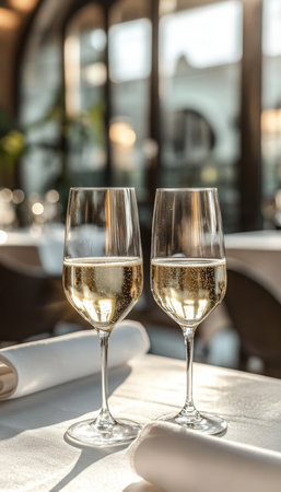 Elegant close up of two champagne glasses with golden bubbles in a luxurious restaurant settingの写真素材