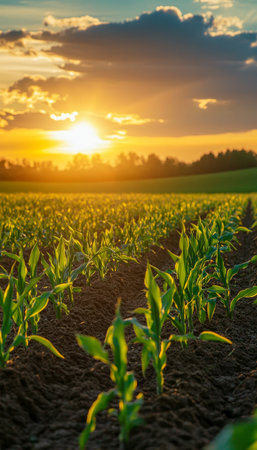 Stunning sunset over agricultural landscape with young corn sprouts growing in rowsの写真素材