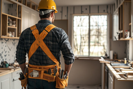 Professional man in construction gear with tool belt and helmet in modern kitchen setting for designの写真素材