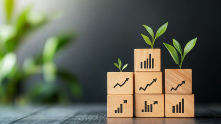 Wooden blocks featuring growth icons, arrows, and graphs on dark background for business developmentの写真素材