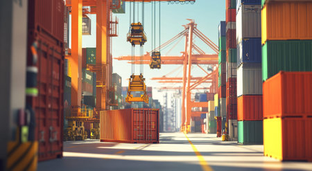 Vibrant port scene with stacked shipping containers and cranes highlighting global trade activity