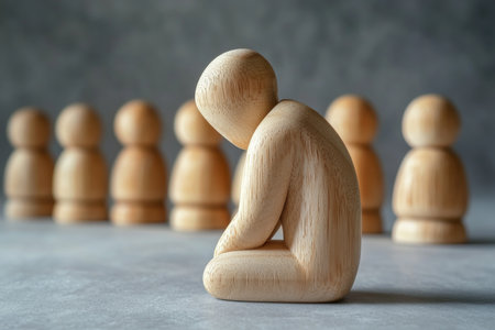 Wooden figure kneeling in sadness before a group, symbolizing workplace emotional stress conceptの写真素材
