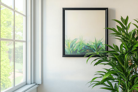 Elegant 3d mockup of a black wooden frame displayed on a white wall with natural light and greeneryの写真素材