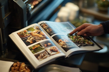 Examining a magazine spread the art of commercial photography with a printing press backgroundの写真素材
