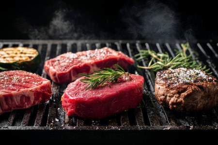 Grilled steaks and meats on a black background with ample copy space for culinary creationsの写真素材