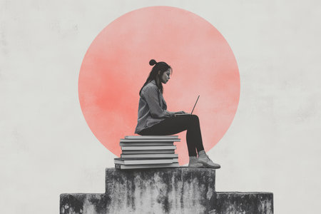 Minimalist photography of a woman on books with laptop and pink circle background designの写真素材