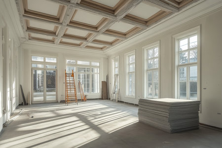 Modernizing an empty room with wooden beams, white walls, and natural light streaming inの写真素材