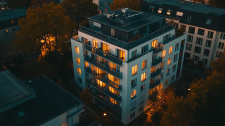 Aerial view of a contemporary apartment complex with white facade and balconies at sunset in germanyの写真素材