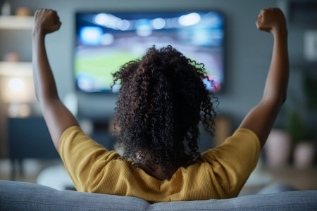 Excited black woman celebrating on couch while watching sports on television, focus on curly hairの写真素材