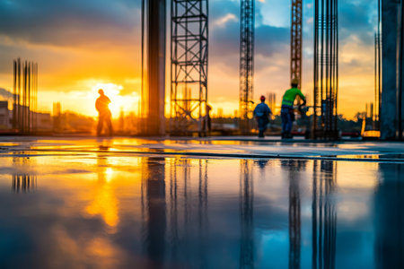Cinematic street photography of construction workers and steel beams at sunset with reflectionsの写真素材