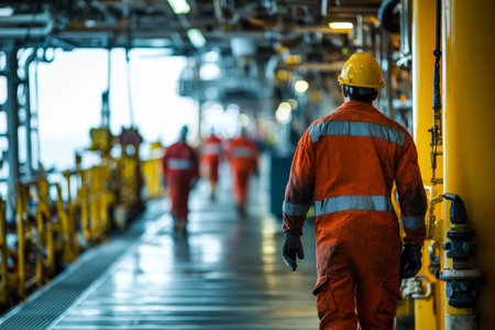 Close up of crew in safety uniforms on oil and gas platform with vibrant background activity