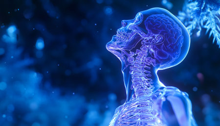 3d rendering of a medical x ray illustrating neck pain with human spine and head anatomyの写真素材