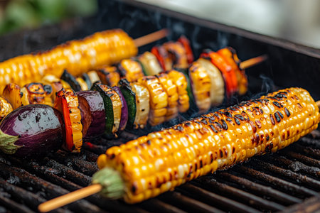 Vibrant vegetable skewers grilled outdoors a close up of colorful corn and eggplant delightの写真素材