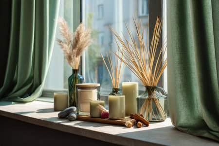 Minimalist home interior with candles and reed sticks bathed in sunlight through green curtainsの写真素材