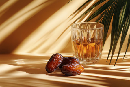 Elegant product photography featuring dates and a glass on a table with a cozy backdropの写真素材