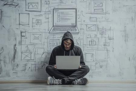 Young man in hoodie on floor with laptop and sketch of web design wireframe on wallの写真素材