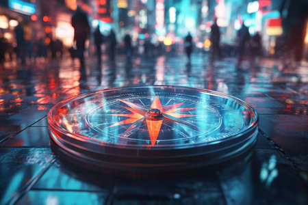 Futuristic city with business professionals using a digital compassの写真素材