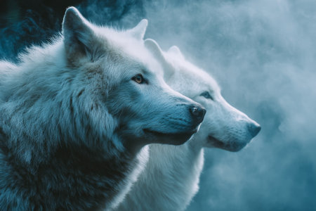 Ethereal fantasy art of two white wolves in misty fog with dark blue and light gray huesの写真素材