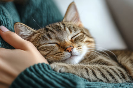 Adorable striped cat sleeping peacefully in woman s arms in a cozy modern living room settingの写真素材