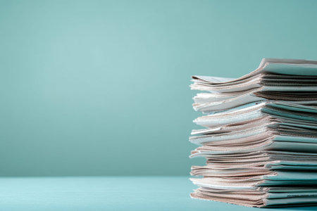 A stack of newspapers on a light green background