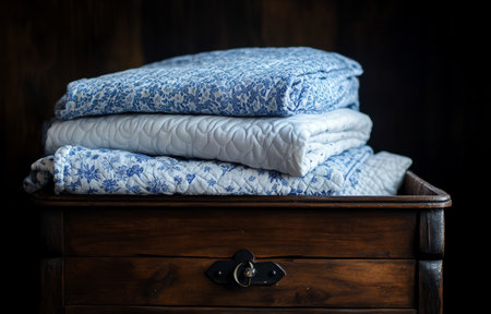 Elegant display of luxurious blue and white baby quilts in a wooden chest against dark backgroundの写真素材