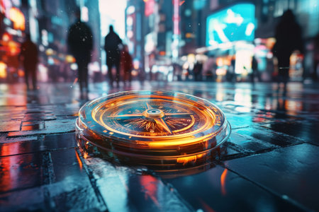 Futuristic compass illuminated in motion amidst blurred urban explorers in a vibrant cityscape