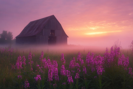 Vibrant purple fireweed in foreground with sunrise over an old barn in a misty fieldの写真素材
