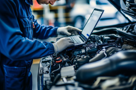 A car mechanic analyzing engine diagnostics on laptop in a modern garage setting with space for textの写真素材