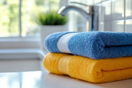 Stacked yellow and blue towels on a counter in a minimalist bathroom settingの写真素材