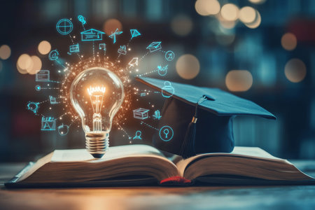 Illuminating knowledge a light bulb with graduation cap on book surrounded by educational icons