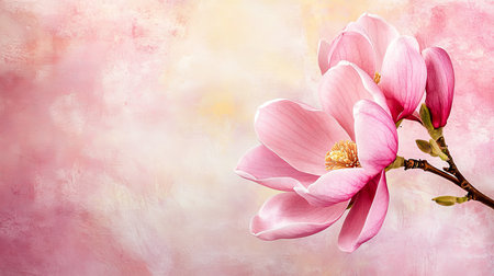 Elegant pink magnolia flower background with copy space for text in a soft watercolor spring themeの写真素材