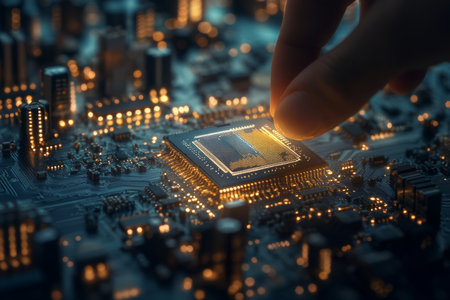 Hand presenting microchip over cityscape background, symbolizing digital technology innovationの写真素材