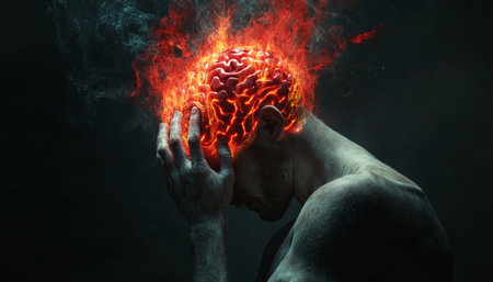 A man with a fiery brain on a dark background a striking depiction of mental health strugglesの写真素材