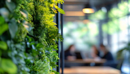 Business team collaborating in a modern office with glass walls and green plants around a laptopの写真素材