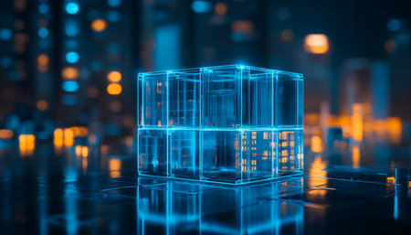 Illuminated glass cube building model with blue neon lights and water reflection at nightの写真素材