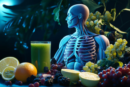 3d rendered blue skinned human anatomy model with fruits and green smoothie in dark lightingの写真素材