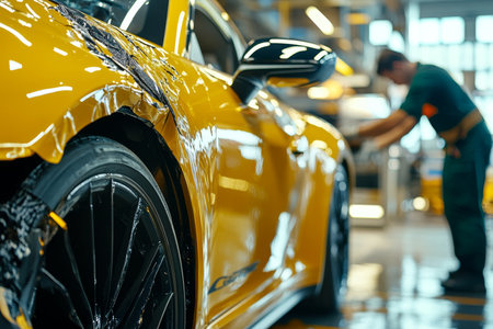 Close up of a mechanic repairing dents on a black car in a garage with a yellow vehicle in focusの写真素材