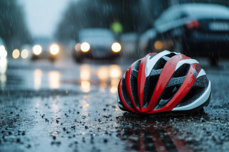 Vivid close up of a red and white mountain bike helmet on wet asphalt amid city trafficの写真素材