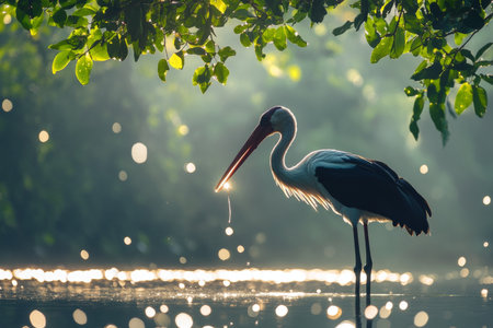 Asian stork hunting for fish in sunlit shallow water with sparkling reflections on the lakeの写真素材