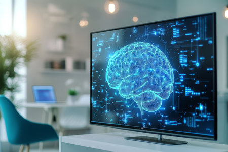 Close up of blue digital brain and futuristic ai hologram on tv in modern office settingの写真素材