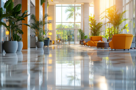 Stylish hotel lobby featuring polished marble floor and abundant natural light with greeneryの写真素材