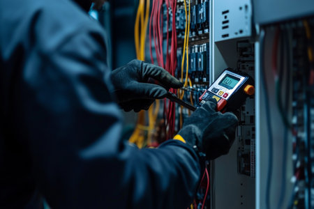 Electrician in black uniform using multimeters to check current in electrical panel close upの写真素材