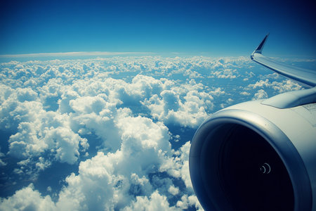 Stunning close up of airplane engine with cloudy blue sky perfect for travel and transport imageryの写真素材